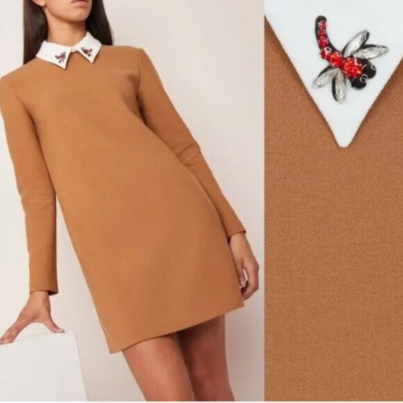 Maje Dresses & Skirts - Maje Ragone Embellished Collar Twill Mini Dress in Camel Dragonfly Jewel